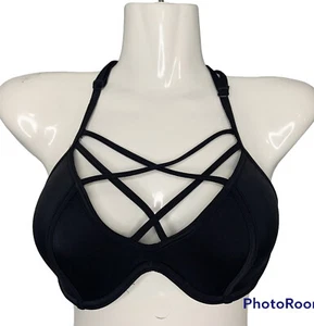 Pink Victoria’s Secret Sports Bra Size Small D-DD Black Strappy Front Racerback - Picture 1 of 8