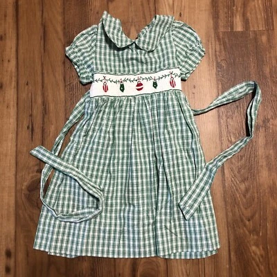 Strasburg Christmas Embroidered Girls 2Y Smocked Dress Green Plaid Ornaments - Image 1 of 4