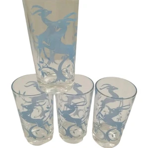 Gazelle Drinkware Glasses Set of 4 Mid Century Modern BarWare Blue Deer Stag - Picture 1 of 7