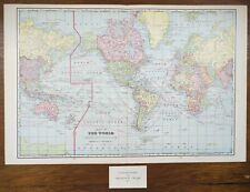 Vintage 1903 WORLD Map 22"x14" Old Antique Original NORTH AMERICA EUROPE RUSSIA