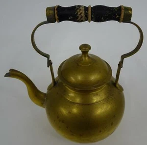 Brass Kettle Teapot Black Wooden Handle Removable Lid Vintage 1900s - Picture 1 of 10