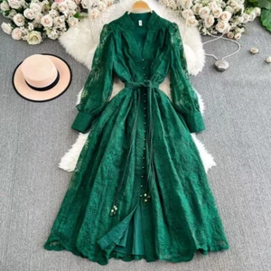 Women's Dress Embroidery V-neck Lantern Sleeve Single-breasted Long Skirt Party - Picture 1 of 23