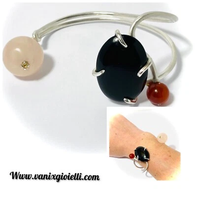 bracciale argento 925 rigido Regolabile da donna e Pietre Dure Onice Quarzo rosa - Immagine 1 di 4