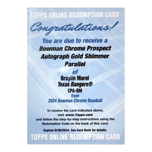2024 Bowman Chrome Braylin Morel Gold Shimmer Auto /50 Redemption Rangers - Picture 1 of 2