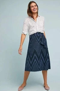 Eva Franco Liv Skirt Blue Size 2 Cotton Linen Midi Chevron Denim Anthropologie - Picture 1 of 7