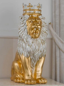 León Malik con corona estatua en céramica crackle hoja oro con dientes detall... - Imagen 1 de 4