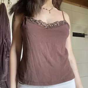 Model Off Duty Singlet Top Embroidered Brown Sequin Size Large - Picture 1 of 3