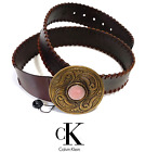 Calvin Klein Jeans Brown Leather Tooled Western Round Buckle Belt 32