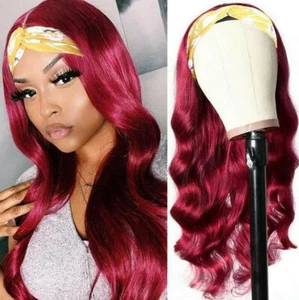 Headband Wig Burgundy Red Human Hair Wigs Long Wave No Lace Natural For Women - Picture 1 of 9