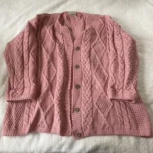 Connemara Knitwear Pink 100% Merino Wool Aran Stitch Button Front Cardigan XXL - Picture 1 of 13