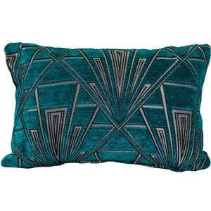 Art Deco Geometric Boudoir Rectangle Cushion. Velvet Chenille Teal Blue & Silver - Picture 1 of 1