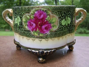 Antique Oriental Jardinere Fern Bowl with Handles and Footed Peonies - Picture 1 of 12