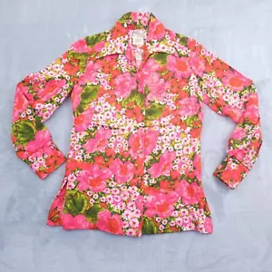 Vintage 70’s Disco Floral Pink Shirt Long Sleeve Button Up Sm 6 Hawaii Collar - Picture 1 of 11