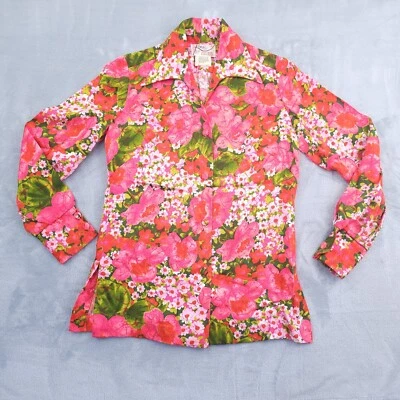 Camisa rosa floral discoteca vintage años 70 manga larga abotonada pequeña 6 cuello hawaiano Foto 1 de 4