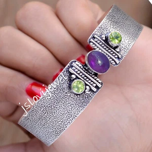 Purple Amethyst & Peridot Cut Gemstone 925 Sterling Silver Fashion Bangle Cuff - Picture 1 of 5