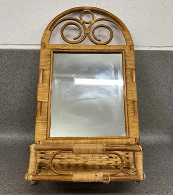Vintage Wall Mirror Rattan Bamboo Cane Boho Mid Century Retro With Shelf - Image 1 of 4