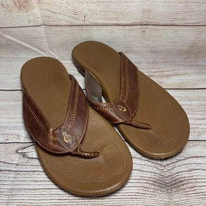 Olukai Sandals Mens 13 Hiapo Shoes Tan Leather Thong Flip Flop Beach Slide - Picture 1 of 7