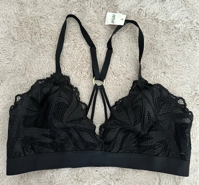 Aerie Black Lace Strappy Bralette Small Sheer Mesh Unlined Wirefree Sexy NWT - Image 1 of 4