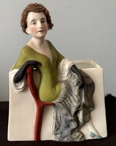 German Bisque Match Holder Vanity Art Deco Lady Wig Figurine - Picture 1 of 9