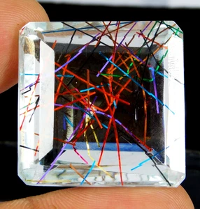 A+ Rutilated Quartz 86.90 Ct Radiant Cut Natural Multicolor Gemstone Certified - Picture 1 of 6