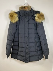 S13 New York Puffer Coat Womens Duck Down Matte Black Faux Fur Trim Hood XLARGE - Picture 1 of 12