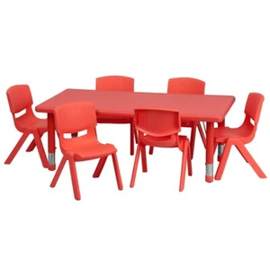Flash 24"Wx48"L Adjust Rect Red Plastic Activity Table Set w/6 Stack Chairs - Picture 1 of 1