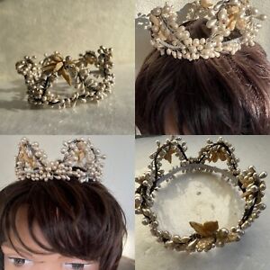 Antique Victorian Tear Drop Pearls Silver Wired Crown Diadem Tiara Headdress