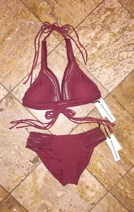NWT $220 Robin Piccone Rosewood Sophia Crochet Halter Bikini Swimsuit Set Womens - Picture 1 of 12