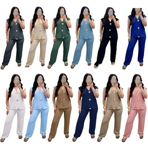 Womens Sleeveless Popcorn Texture Gold Button Pocket Top With Trouser Co Ord Set - Picture 1 of 14