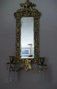 ANTIGUO APLIQUE DE PARED DE LATÓN espejado con prismas DOLPHINS 21" X 9 1/2" - Imagen 1 de 10