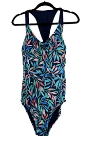 Lands End Womens Swimsuit One Piece V Neck Halter Size 14 Blue Leaf - Picture 1 of 6