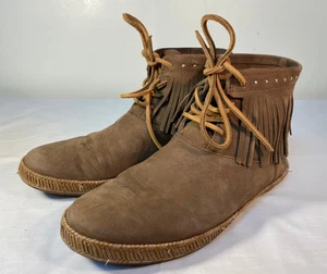 UGG Alexia Moccasin ankle Boots Women's Brown Leather Fringe Studded - US 8 - Picture 1 of 6