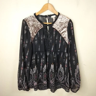 Blusa Top Para Mujer Floral Talla XL Terciopelo Borde Cuentas Boho Bohemia Transparente Foto 1 de 4