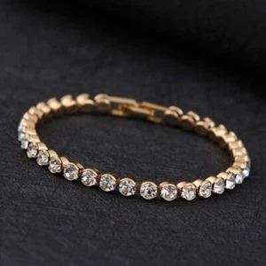 Womens Swarovski Crystal Tennis Stone Bracelet Bangle Gold Plated Shine Gift - Picture 1 of 3