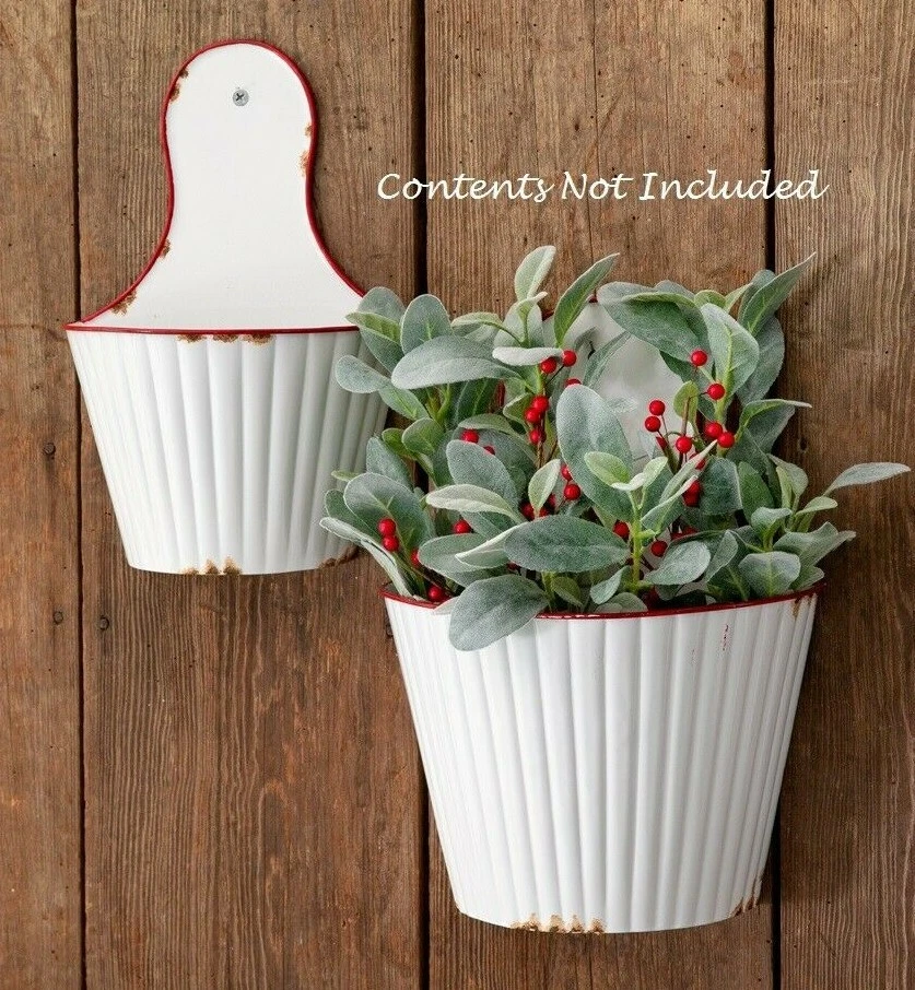 NEW Farmhouse WHITE HANGING Planters Red Trim Aged 2pc Metal Enamelware  Cottage - Image 1 of 2