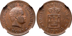 Portuguese India GOA 1/8 Tanga 1901 NGC Graded MS 61 BN Rare ! - Picture 1 of 3