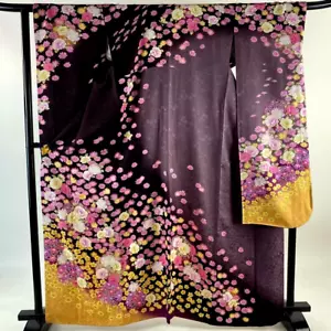 Japanischer Kimono SEIDE "FURISODE" Langarm, Pflanzen, Goldfaden, lila, L5'5".4051 - Bild 1 von 14