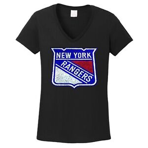 Women's  New York Rangers  t shirt  ladies v neck T shirt bling hockey sparkles