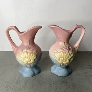 2 Vintage Hull Art Pottery Magnolia Small Ewer Pitcher Pink, Blue & Yellow 5" - Picture 1 of 8