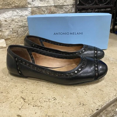 Zapatos planos de cuero con tachuelas ANTONIO MELANI Lance negros para mujer talla 8,5 M Foto 1 de 4