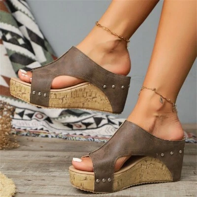 Women's Wedge Heels Sandals Peep Toe Platform Comfortable Slip On Roman Shoes - Image 1 of 4