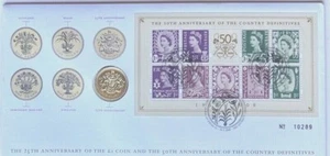 The Royal Mint 2008 25 aniversario de la moneda de £1 cubierta de £1 moneda y 9 estampillas - Imagen 1 de 2