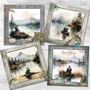 4 Gone Fishing Angler Card Toppers Card Making Decorations - 5" Square - Picture 1 of 2