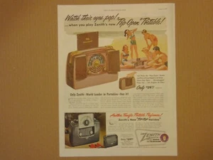 ZENITH Pop 1949 - Radio portátil abierta en la playa anuncio impreso de arte vintage  - Imagen 1 de 1