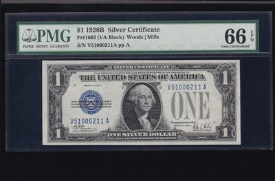 US 1928B $1 Silver Certificate VA Block FR 1602 PMG 66 EPQ GEM CU (211) TOP POP! - Image 1 of 2