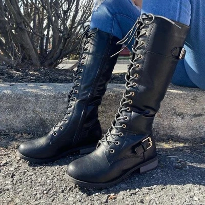 New Black/Gold Lace Up Military Combat Moto Boots Below Knee High Low Block Heel - Image 1 of 3