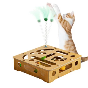 Cat Hunting Box Confuse a Cat Box Puzzle Wood Cat Interactive Toy with Feather - Picture 1 of 12