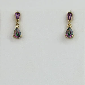 Pretty 10k Yellow Gold, Mystic Topaz, Amethyst Women's Stud Dangle Earrings - Picture 1 of 2