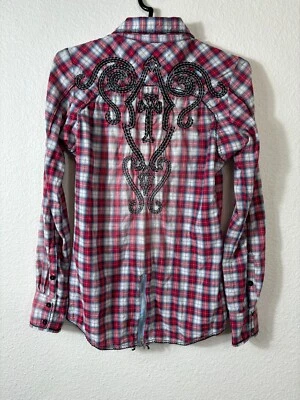 Roar Top Womens M Red Plaid Cotton Long Sleeve Embroidered Cross Button Up - Imagem 1 de 4