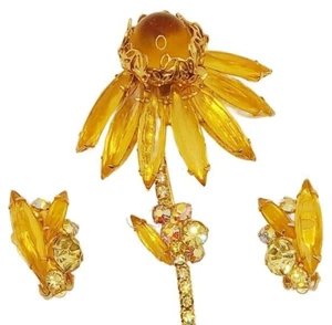RARE - Coro Flower Set Brooch & Earrings Gold Amber Topaz Rhinestone - Bild 1 von 20